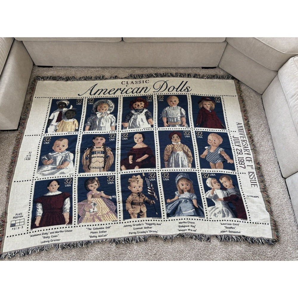 Vtg USPS 1990s Classic American Dolls Tapestry Blanket Collectible Fringe 68x51"